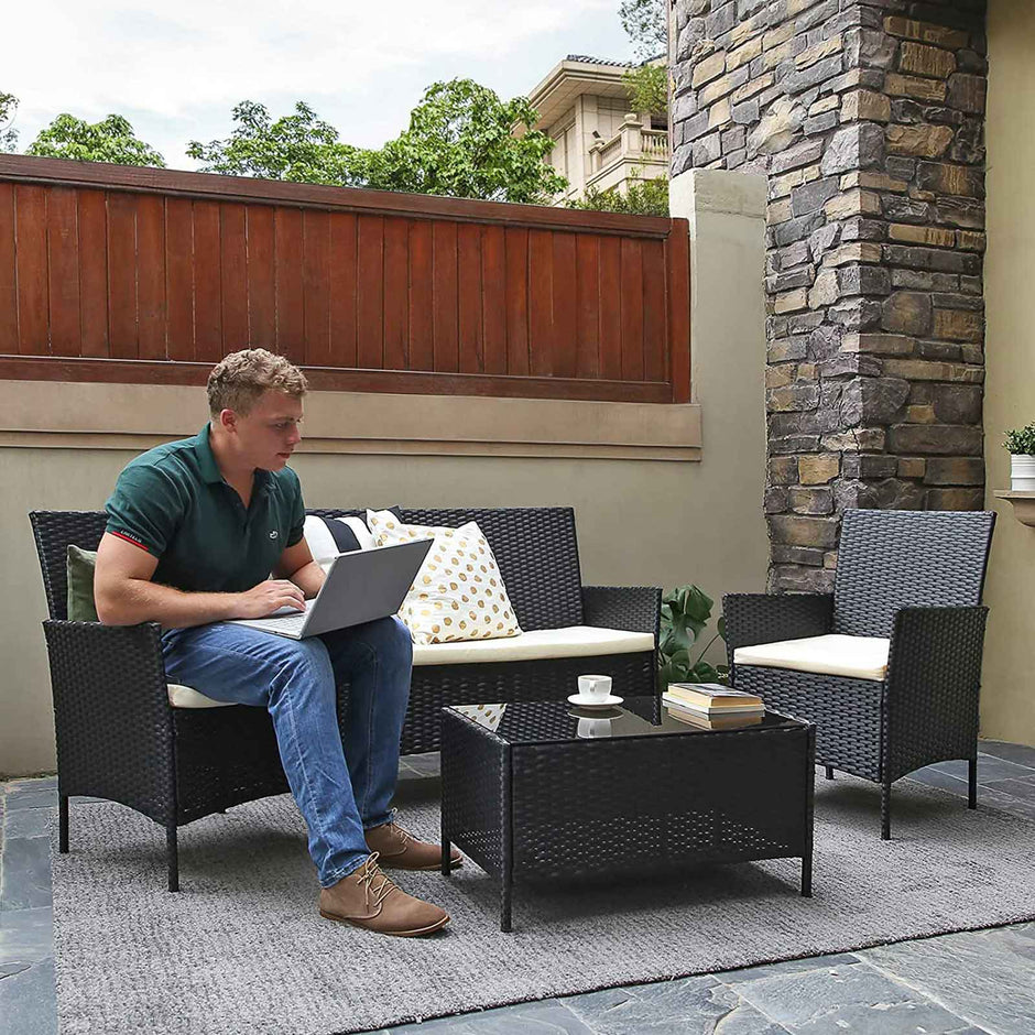 Garden Furniture Set – Polyrattan – Black and Beige – Outdoor Patio and Conservatory Use