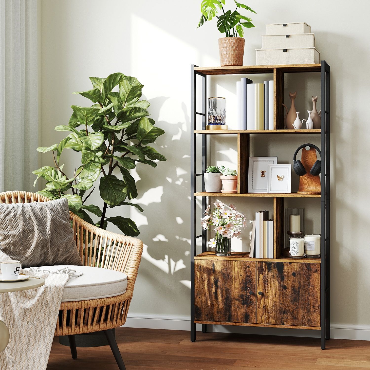 Large Bookcase – Wood – Camel Brown and Ink Black – With Doors and Tall Legs