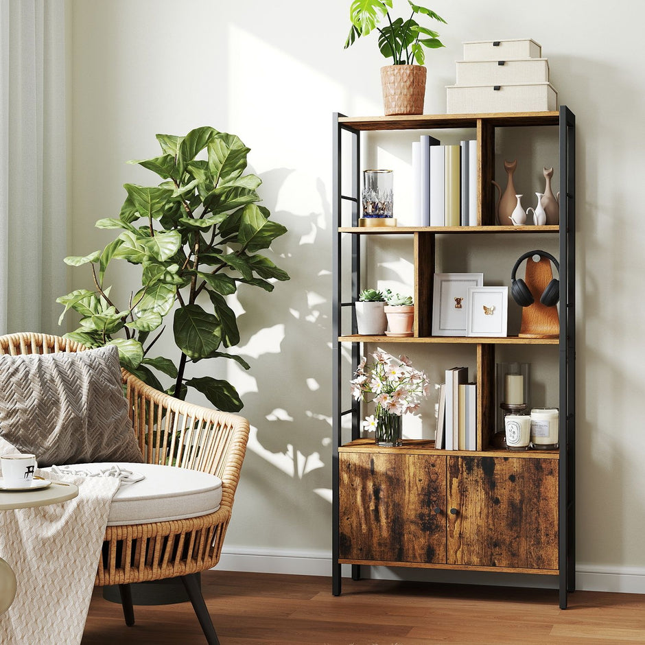 Large Bookcase – Wood – Camel Brown and Ink Black – With Doors and Tall Legs
