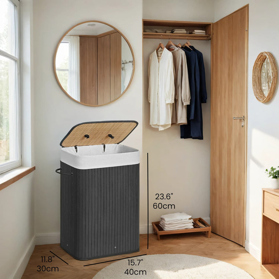 Foldable Laundry Hamper – Bamboo – Natural – 72 L Capacity with Lid and 3 Handles
