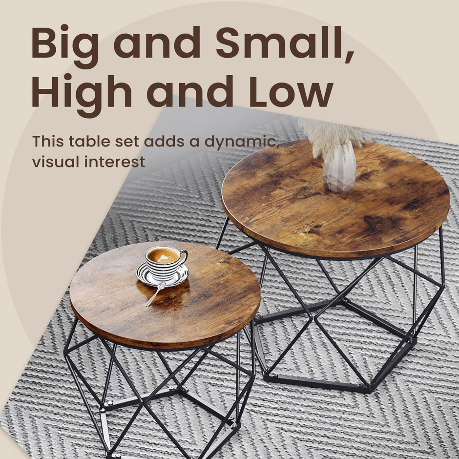 Set of 2 Coffee Tables – Steel Frame – Brown and Black – Removable Tabletop, Modern Style