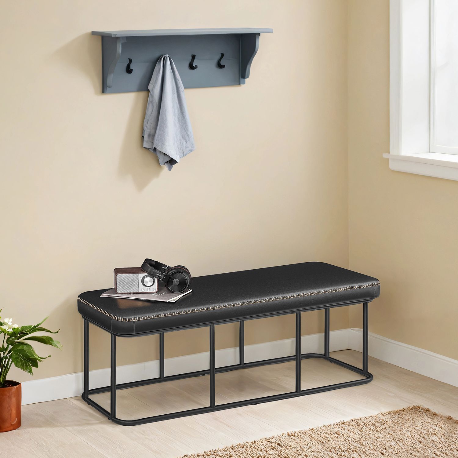 Ottoman Bench – Synthetic Leather – Black – Mid-Century Modern Design with Steel Frame