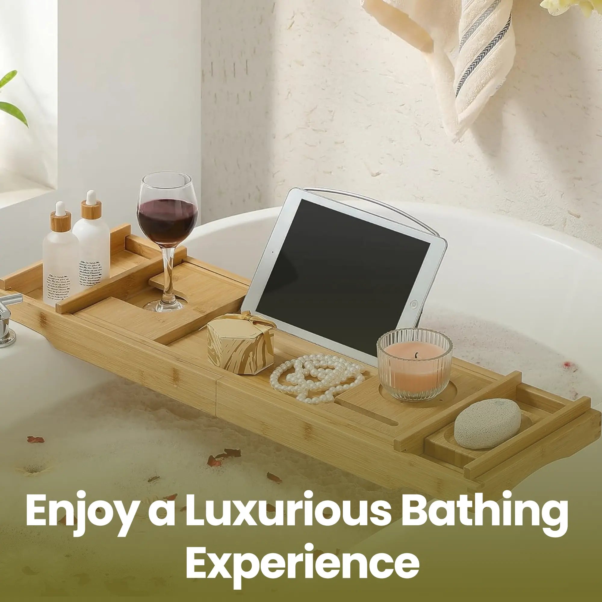 Extendable Bath Shelf – Bamboo – Natural – Includes Drink Holder, Bookend, and Soap Holder