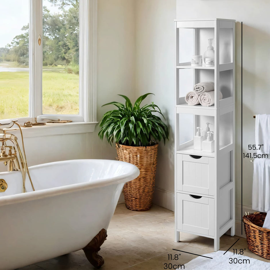 Freestanding Bathroom Floor Cabinet – Wood – White – 2 Drawer Storage Unit