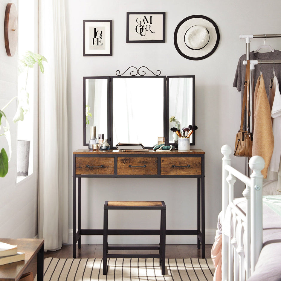 Vanity Table Set – Steel Frame – Rustic Brown and Black – Tri-Fold Mirror, 3 Drawers