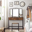 Vanity Table Set – Steel Frame – Rustic Brown and Black – Tri-Fold Mirror, 3 Drawers