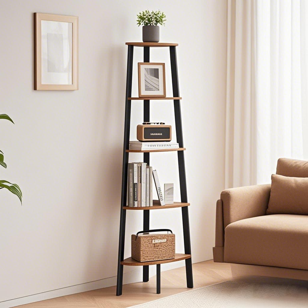 Corner Shelf Unit – Metal and Wood – Rustic Brown – 5-Tier Ladder Design for Living Room and Office