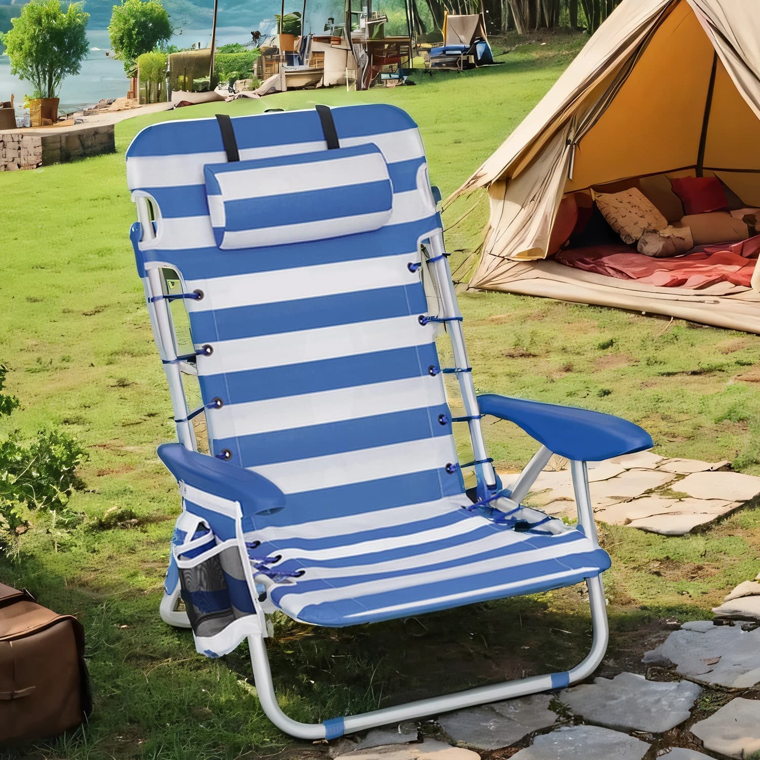 Folding Camping Chair – Fabric – Green and White – Adjustable Backrest with Headrest and Side Pockets