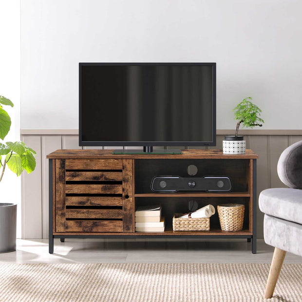TV Cabinet – Wood and Metal – Rustic Brown and Black – Louvred Door with 2 Shelves