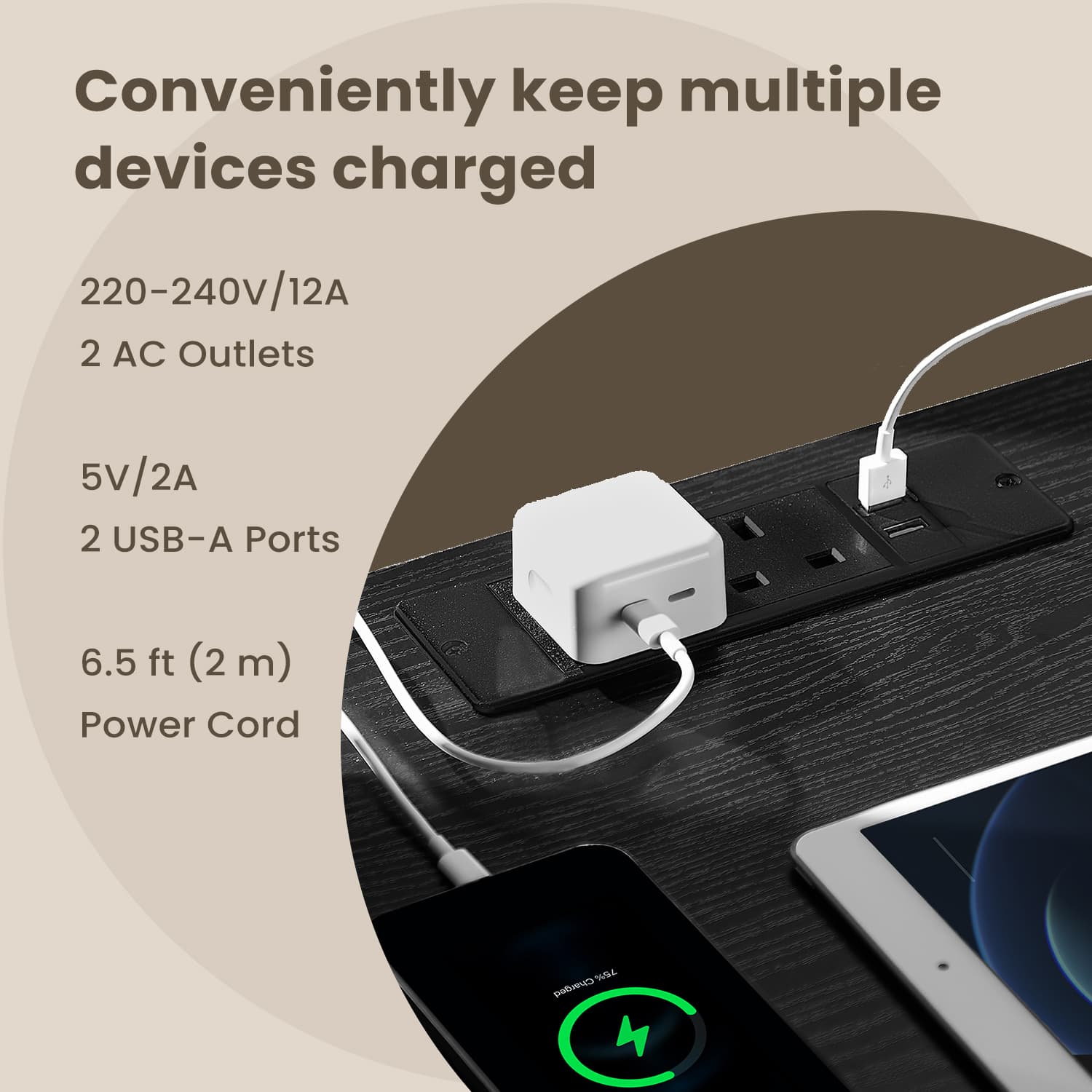 Nightstand – Wood – Cloud White – Charging Station with 3 Drawers, 2 AC Outlets, and 2 USB Ports