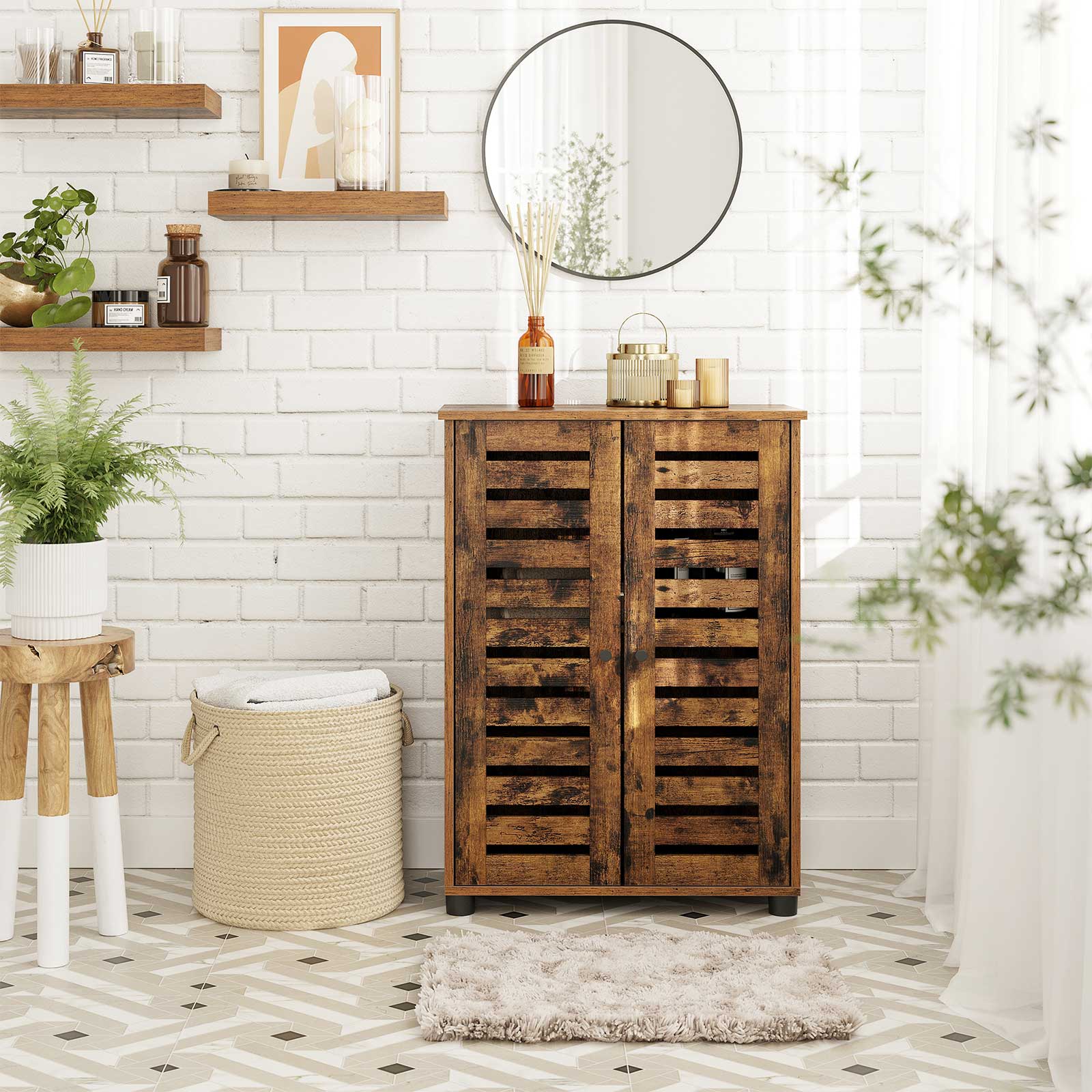 Bathroom Floor Cabinet – Wood – Rustic Brown – Multipurpose with Adjustable Shelf and Louvred Doors