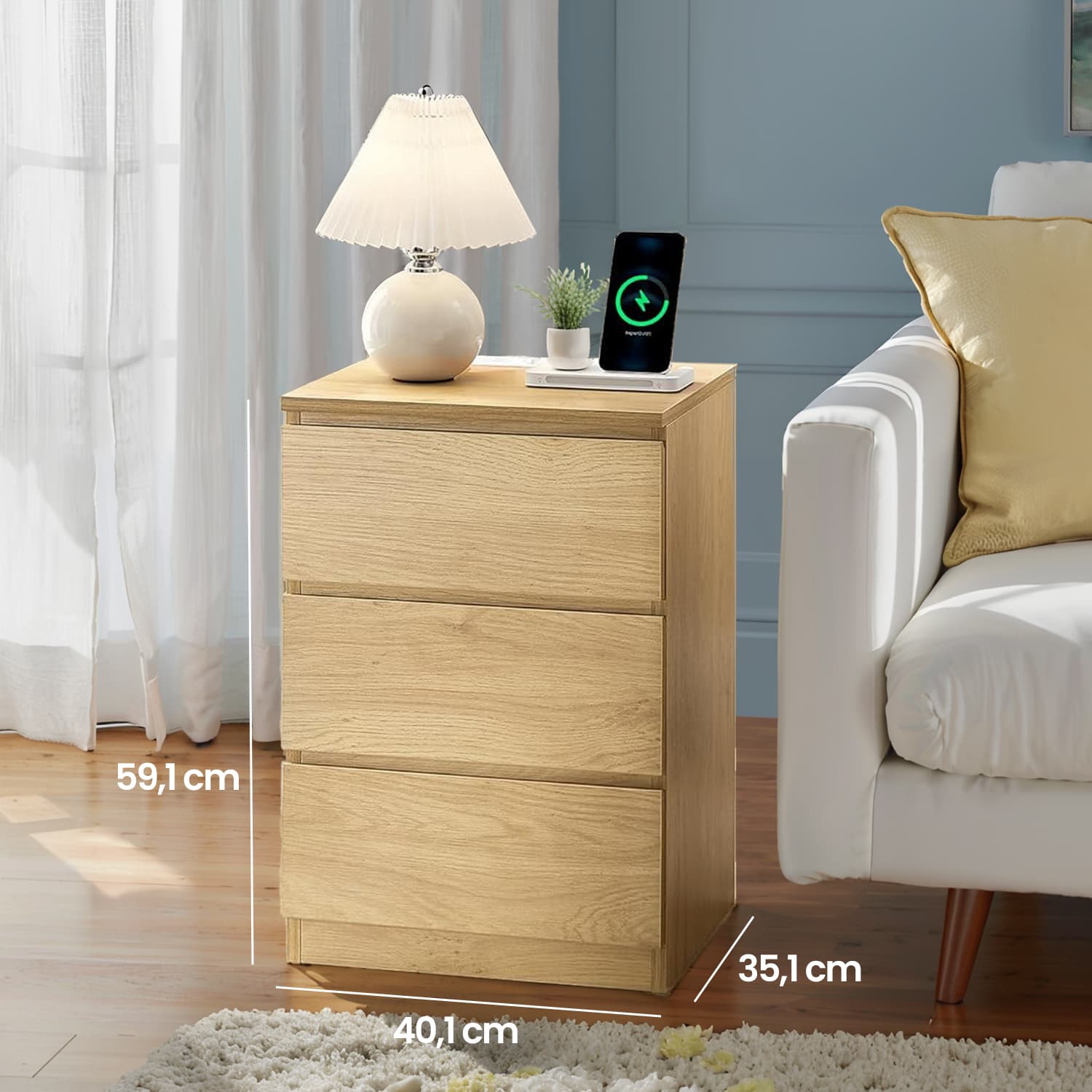 Nightstand – Wood – Natural Finish – Includes Charging Station and 3 Drawers