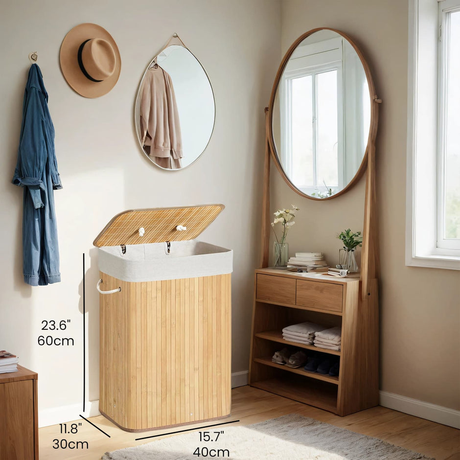 Foldable Laundry Hamper – Bamboo – Natural – 72 L Capacity with Lid and 3 Handles