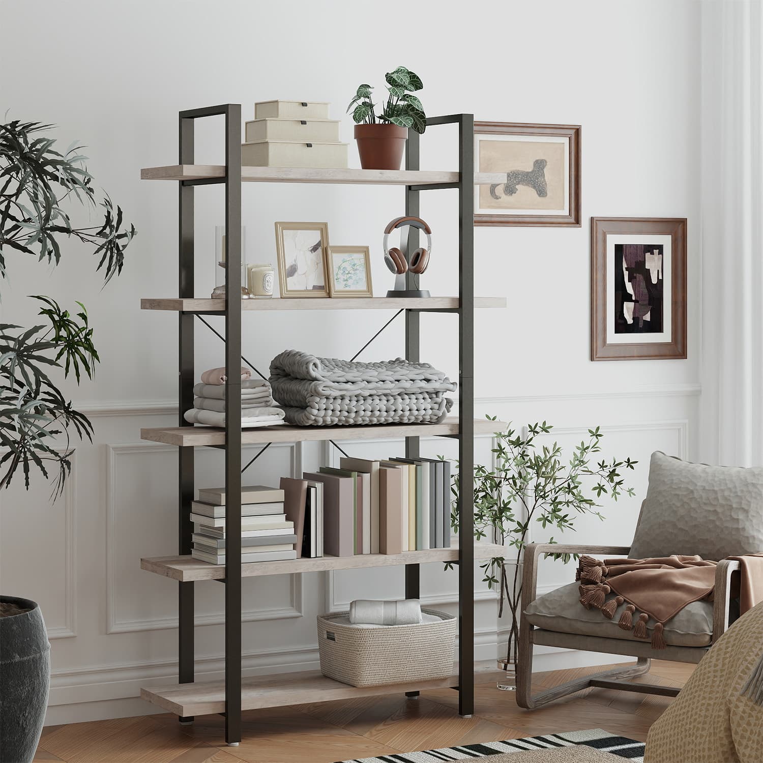 Bookshelf – Wood – Rustic Brown – 5-Tier Industrial Design