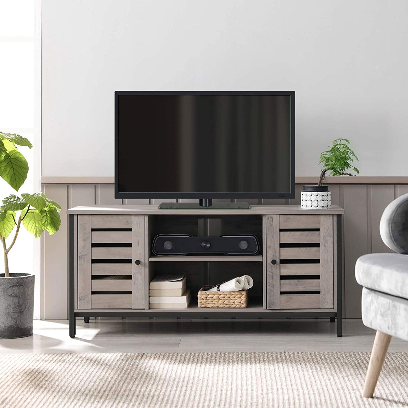 TV Console Unit – Wood – Rustic Brown – Louvered Doors, Storage Shelves