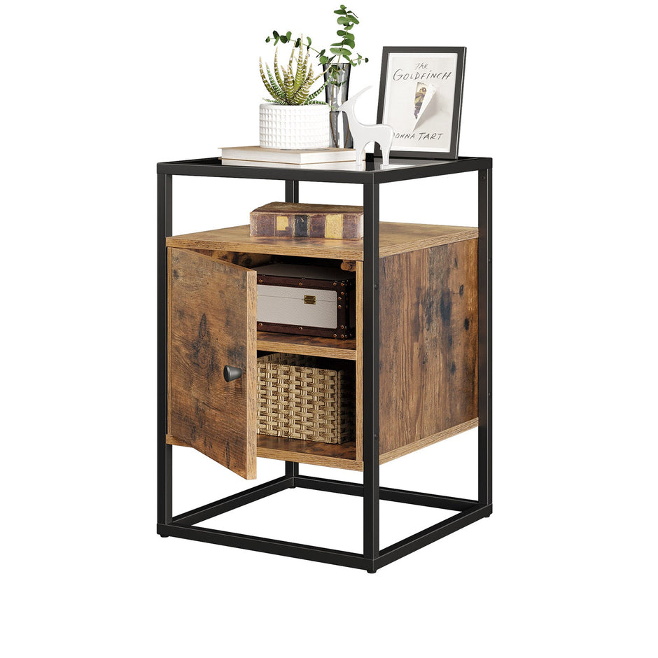 Side Table – Tempered Glass and Wood – Rustic Brown – Industrial Design with Cupboard