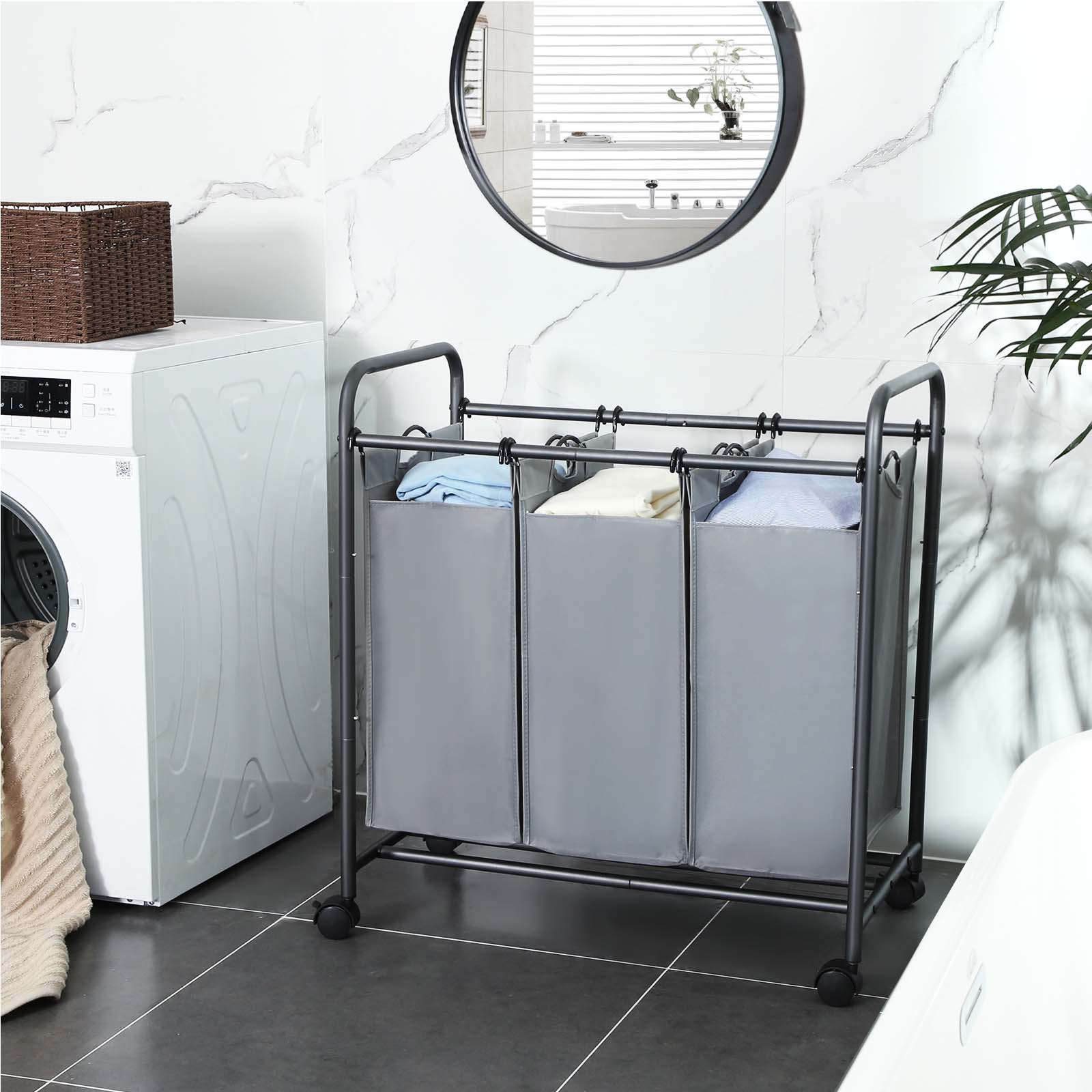 Laundry Cart – Fabric – Beige – 3 Removable Baskets on Wheels