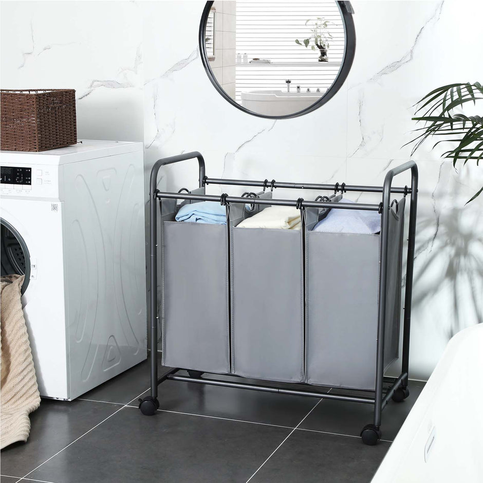 Laundry Cart – Fabric – Beige – 3 Removable Baskets on Wheels