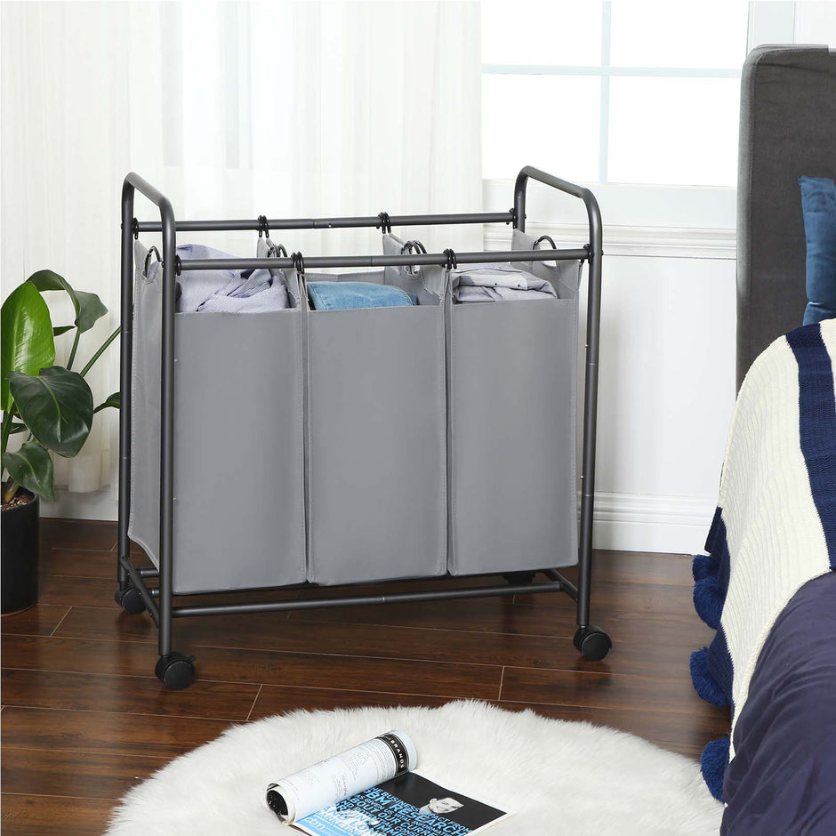 Laundry Cart – Fabric – Beige – 3 Removable Baskets on Wheels