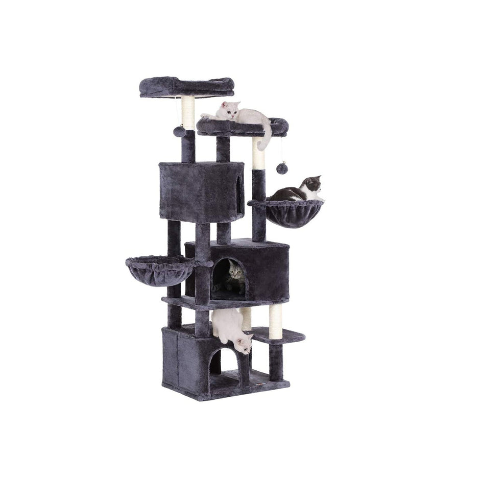 Cat Tree – Engineered Wood – Light Grey – Three Enclosed Caves and Multi-Level Design