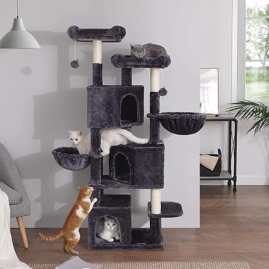 Cat Tree – Engineered Wood – Light Grey – Three Enclosed Caves and Multi-Level Design