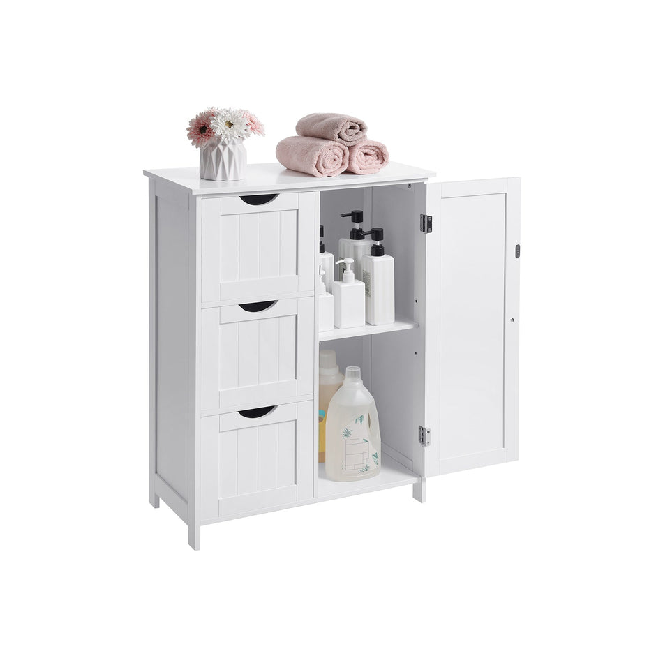 Floor Cabinet – Wood – White – 3 Large Drawers with Adjustable Shelf