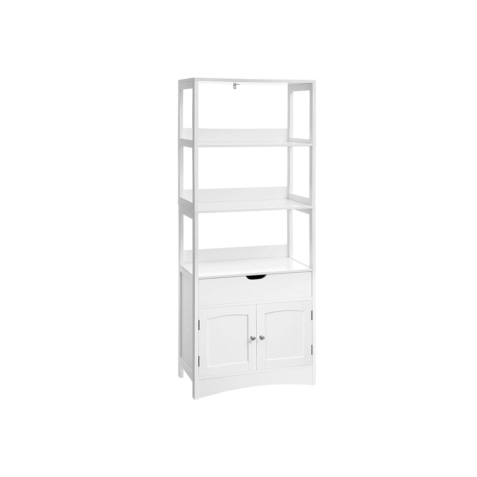 Open Shelves Cabinet – Engineered Wood – White – Free Standing with 3 Open Shelves, 1 Drawer, and 1 Cupboard