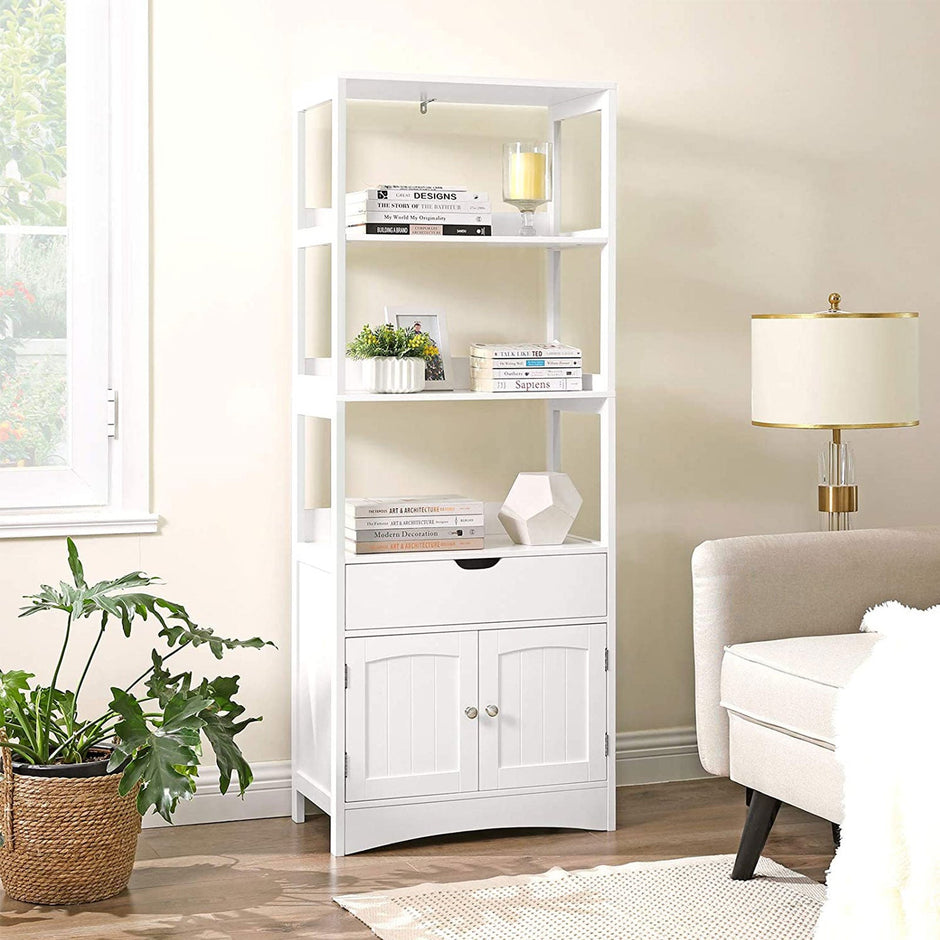 Open Shelves Cabinet – Engineered Wood – White – Free Standing with 3 Open Shelves, 1 Drawer, and 1 Cupboard