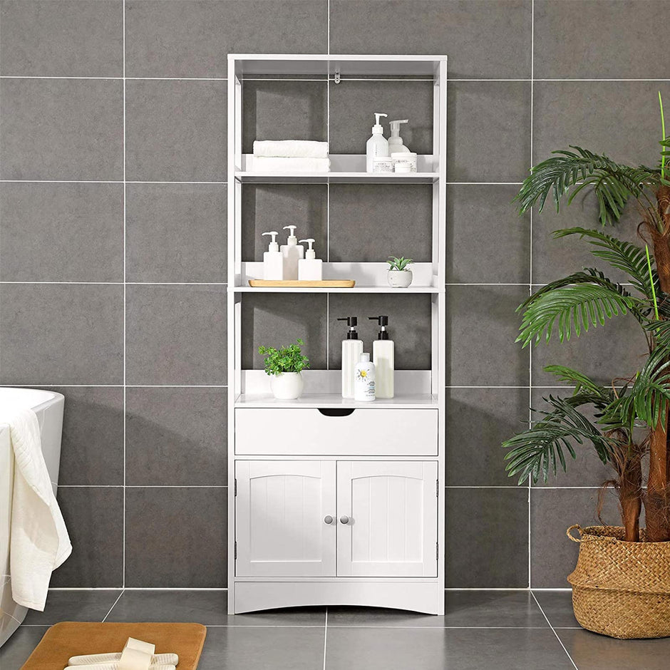 Open Shelves Cabinet – Engineered Wood – White – Free Standing with 3 Open Shelves, 1 Drawer, and 1 Cupboard
