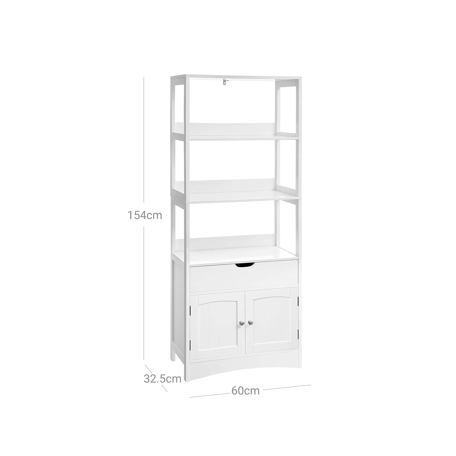 Open Shelves Cabinet – Engineered Wood – White – Free Standing with 3 Open Shelves, 1 Drawer, and 1 Cupboard