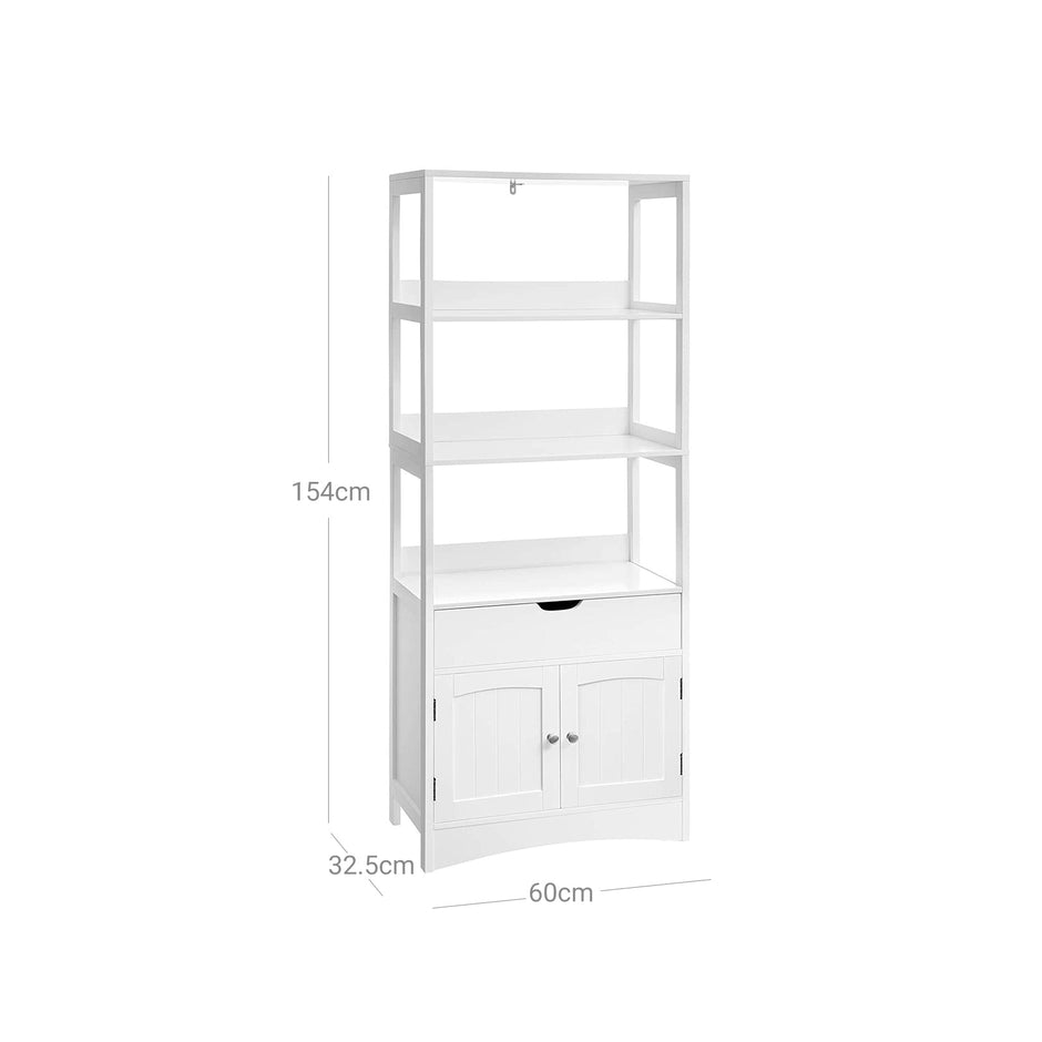 Open Shelves Cabinet – Engineered Wood – White – Free Standing with 3 Open Shelves, 1 Drawer, and 1 Cupboard