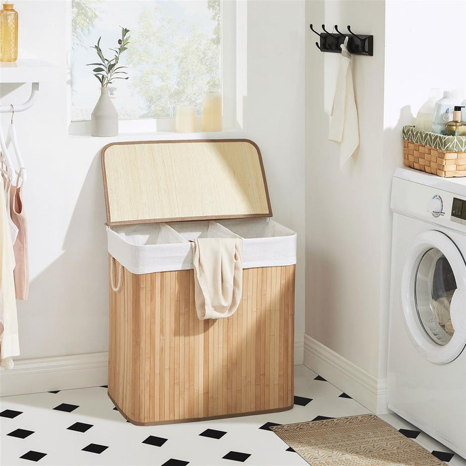 Laundry Hamper – Fabric – Natural – 3 Sections with Clip-on Lid and Handles, 150L Foldable