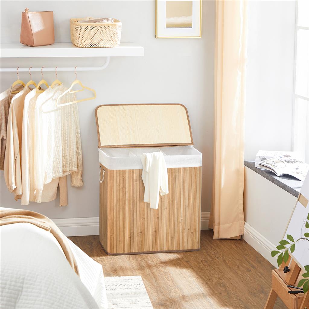 Laundry Hamper – Fabric – Natural – 3 Sections with Clip-on Lid and Handles, 150L Foldable