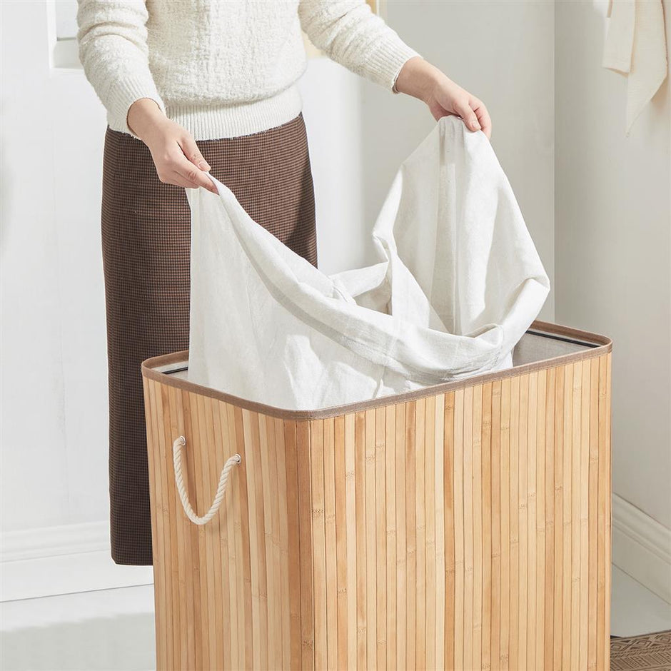 Laundry Hamper – Fabric – Natural – 3 Sections with Clip-on Lid and Handles, 150L Foldable