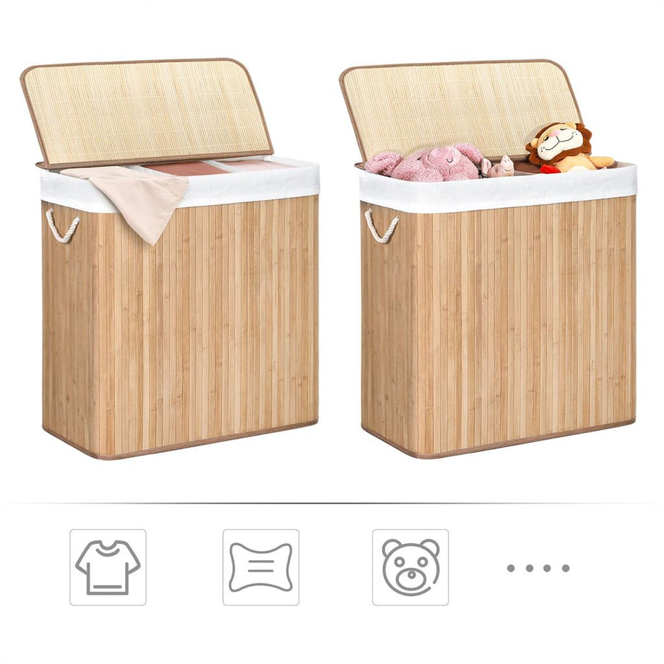 Laundry Hamper – Fabric – Natural – 3 Sections with Clip-on Lid and Handles, 150L Foldable