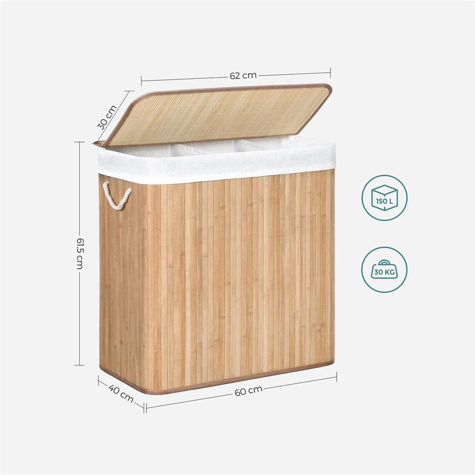 Laundry Hamper – Fabric – Natural – 3 Sections with Clip-on Lid and Handles, 150L Foldable
