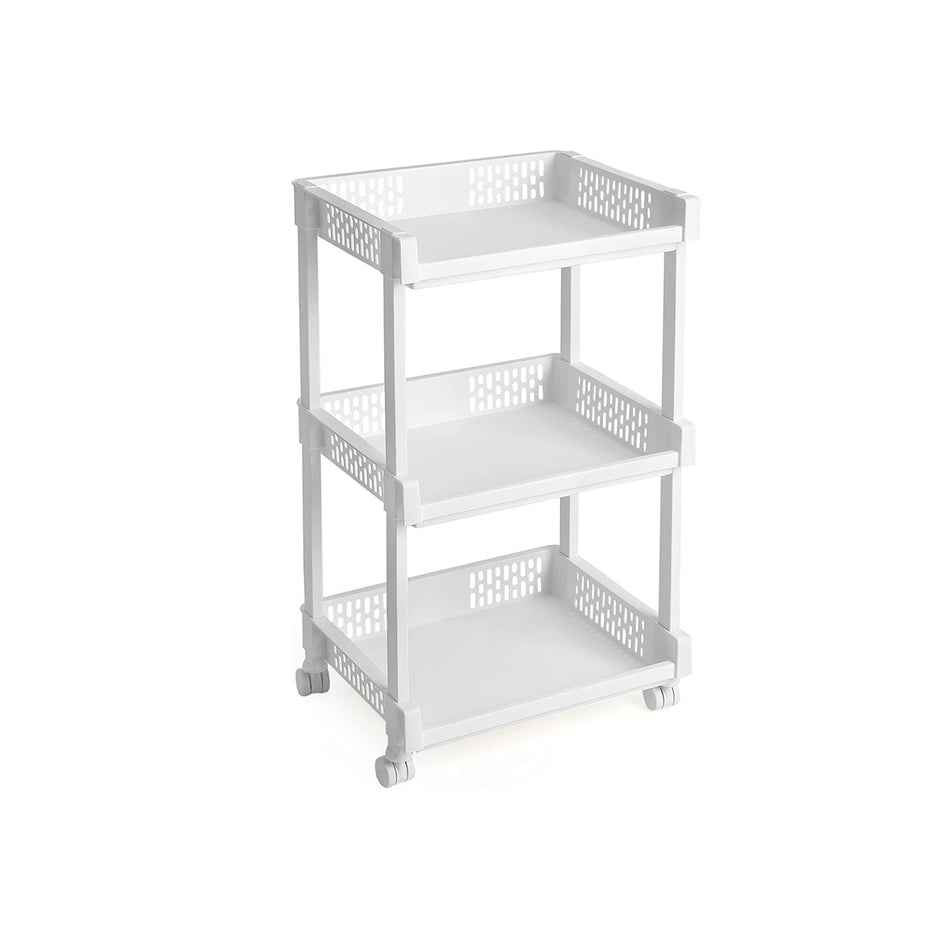 Rolling Trolley Storage Unit – Wood – White – 3 Shelves for Kitchen and Bathroom