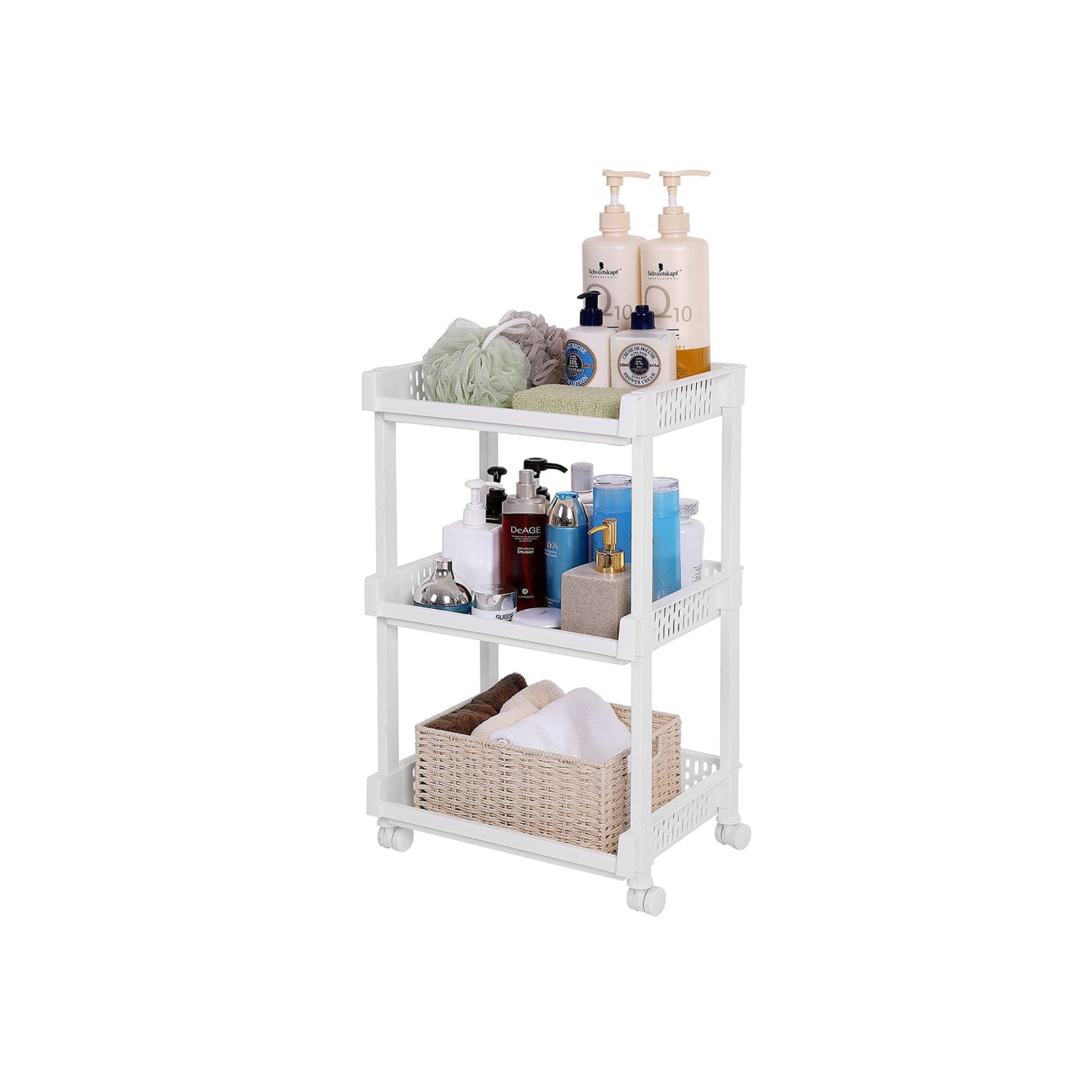 Rolling Trolley Storage Unit – Wood – White – 3 Shelves for Kitchen and Bathroom
