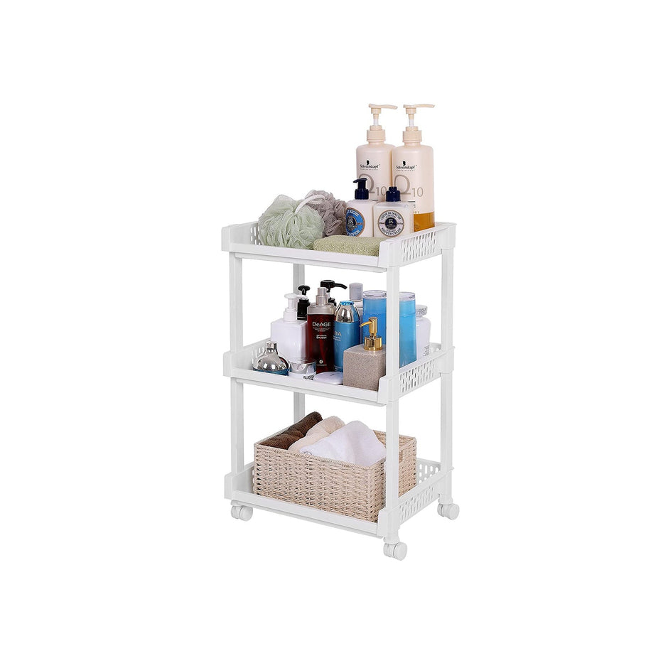 Rolling Trolley Storage Unit – Wood – White – 3 Shelves for Kitchen and Bathroom