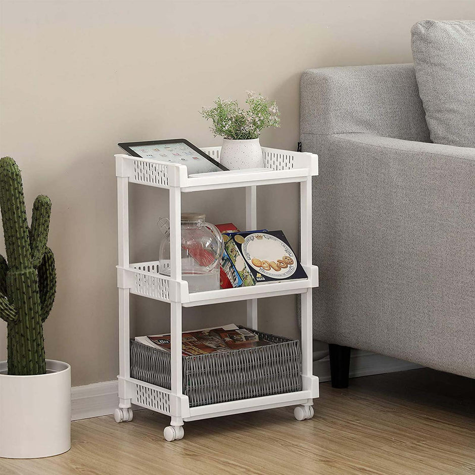 Rolling Trolley Storage Unit – Wood – White – 3 Shelves for Kitchen and Bathroom