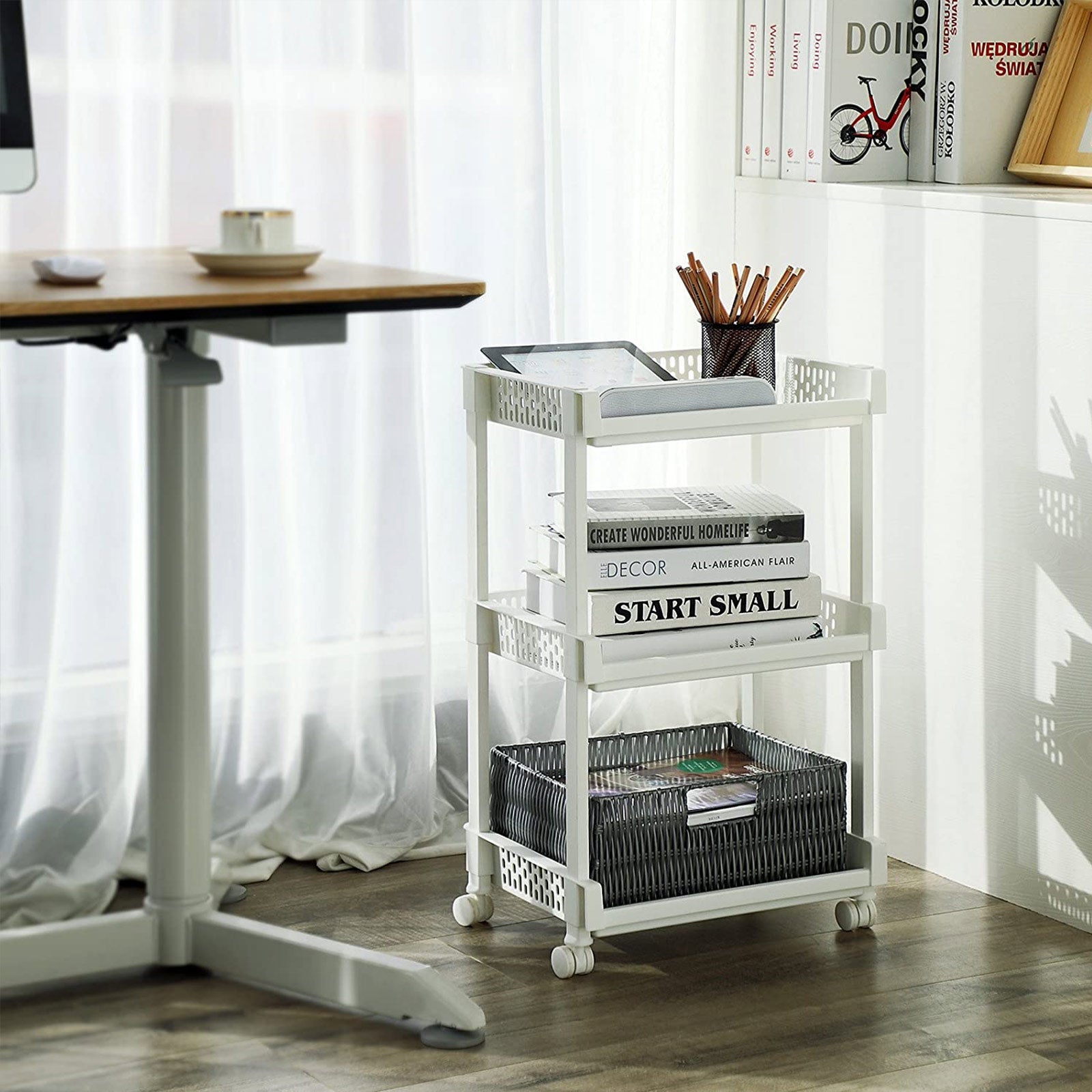 Rolling Trolley Storage Unit – Wood – White – 3 Shelves for Kitchen and Bathroom