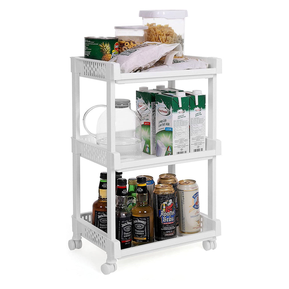 Rolling Trolley Storage Unit – Wood – White – 3 Shelves for Kitchen and Bathroom