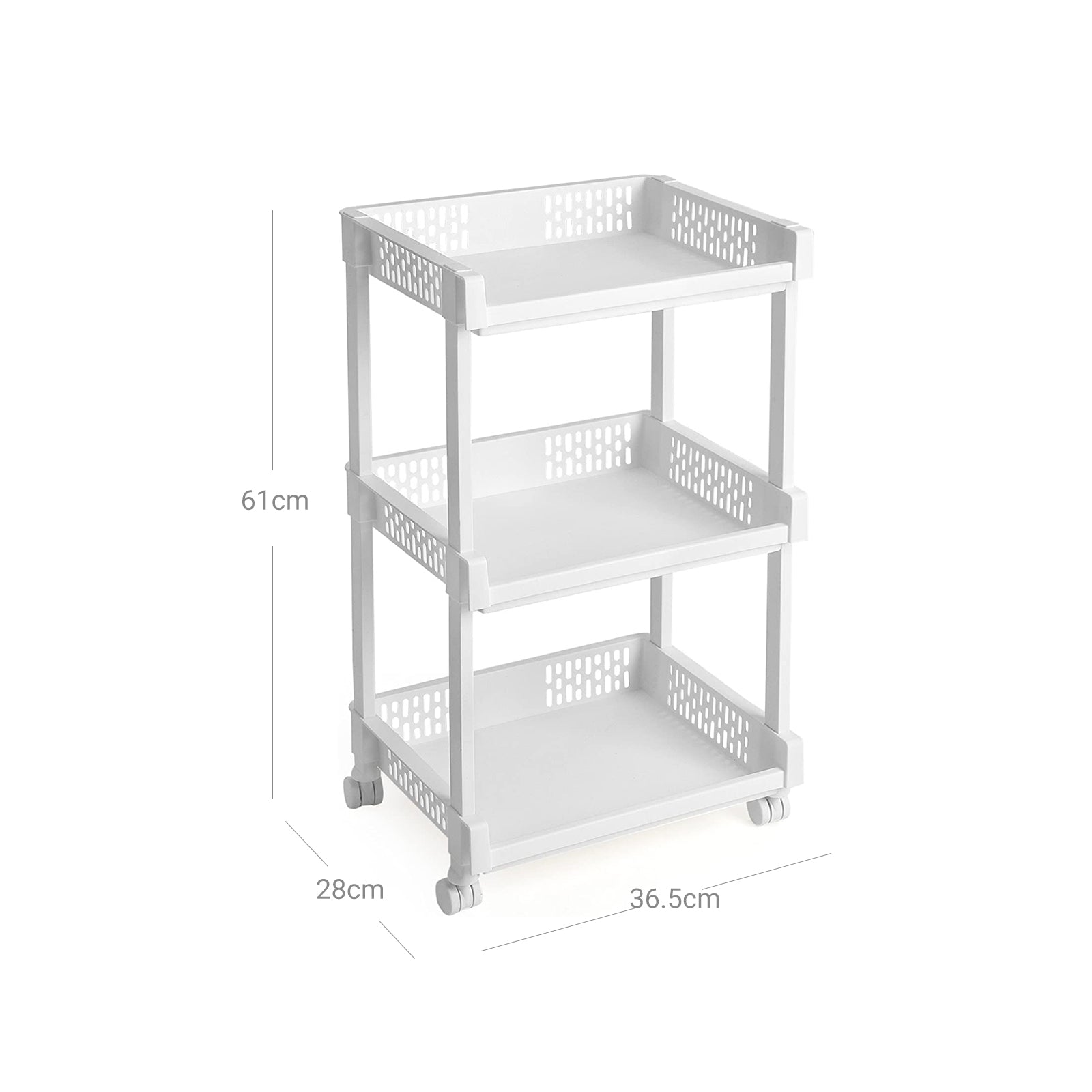 Rolling Trolley Storage Unit – Wood – White – 3 Shelves for Kitchen and Bathroom
