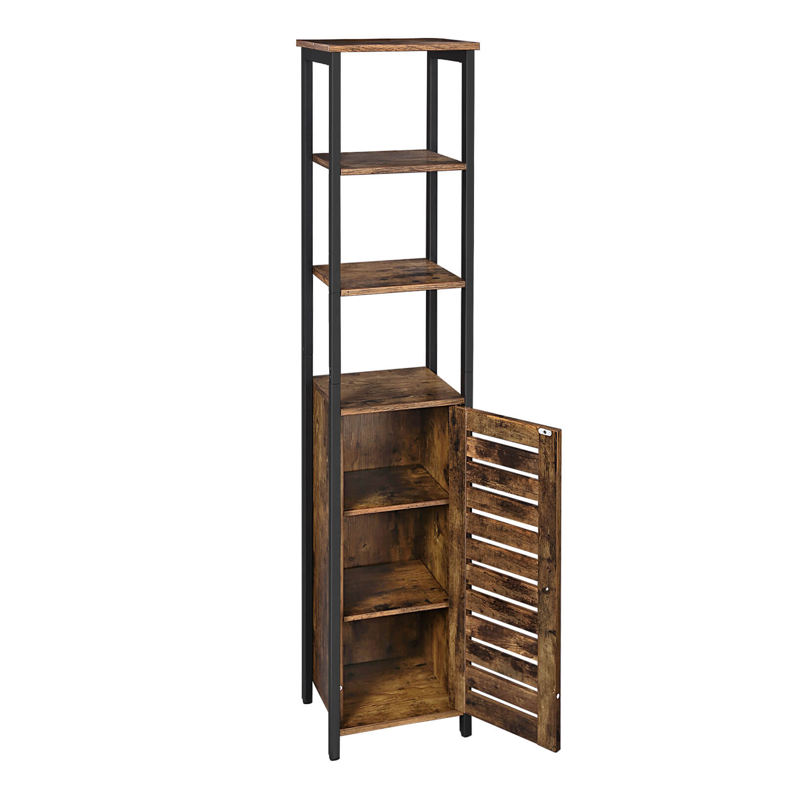 Storage Cabinet – Wood – Rustic Brown – Tall with 3 Shelves and Cupboard