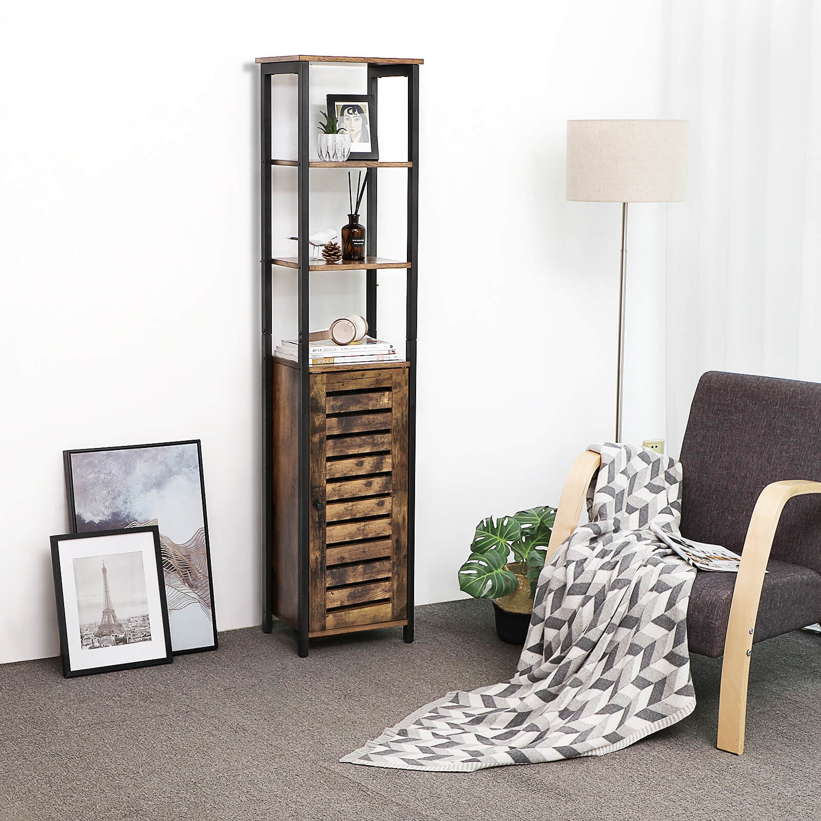 Storage Cabinet – Wood – Rustic Brown – Tall with 3 Shelves and Cupboard