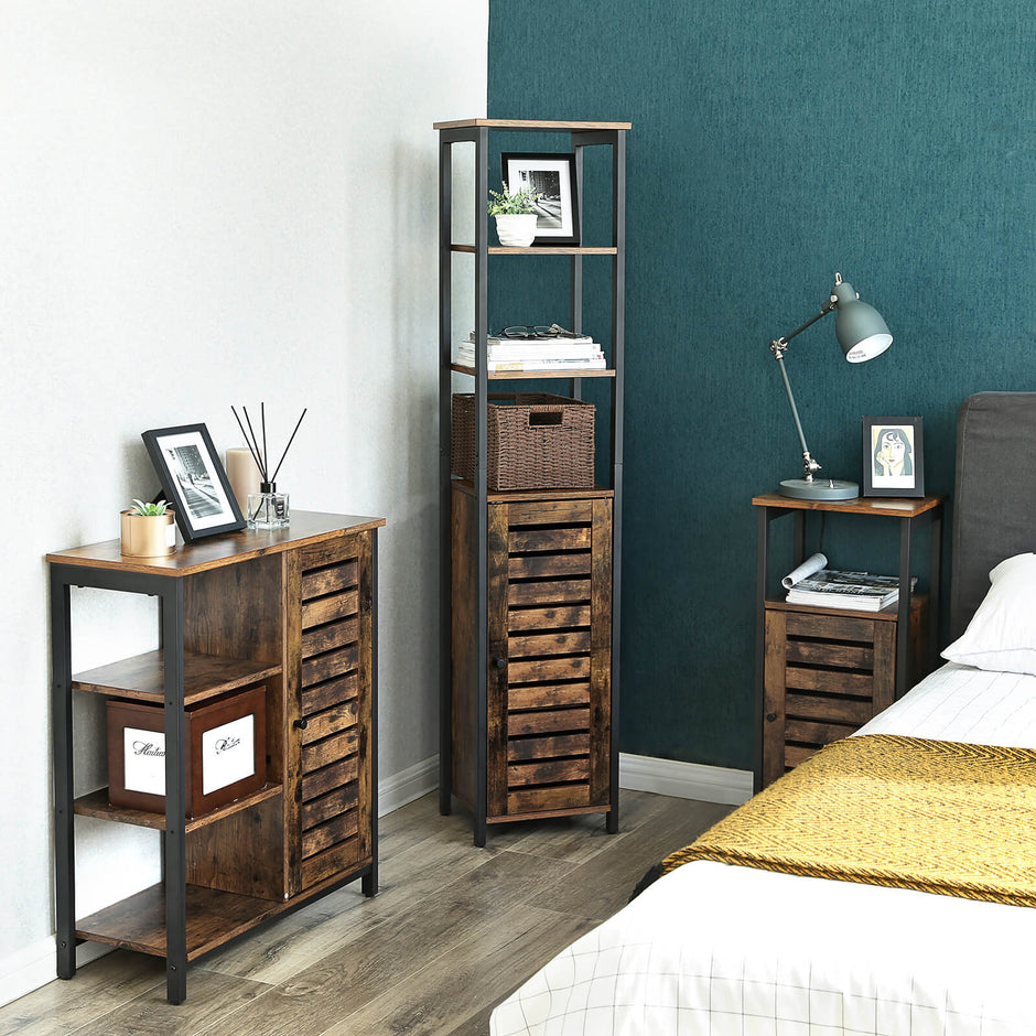 Storage Cabinet – Wood – Rustic Brown – Tall with 3 Shelves and Cupboard