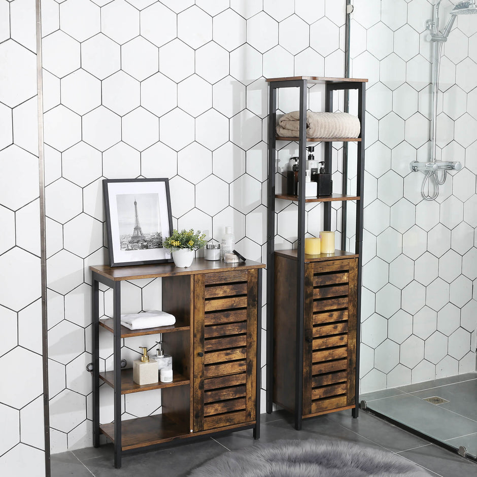 Storage Cabinet – Wood – Rustic Brown – Tall with 3 Shelves and Cupboard