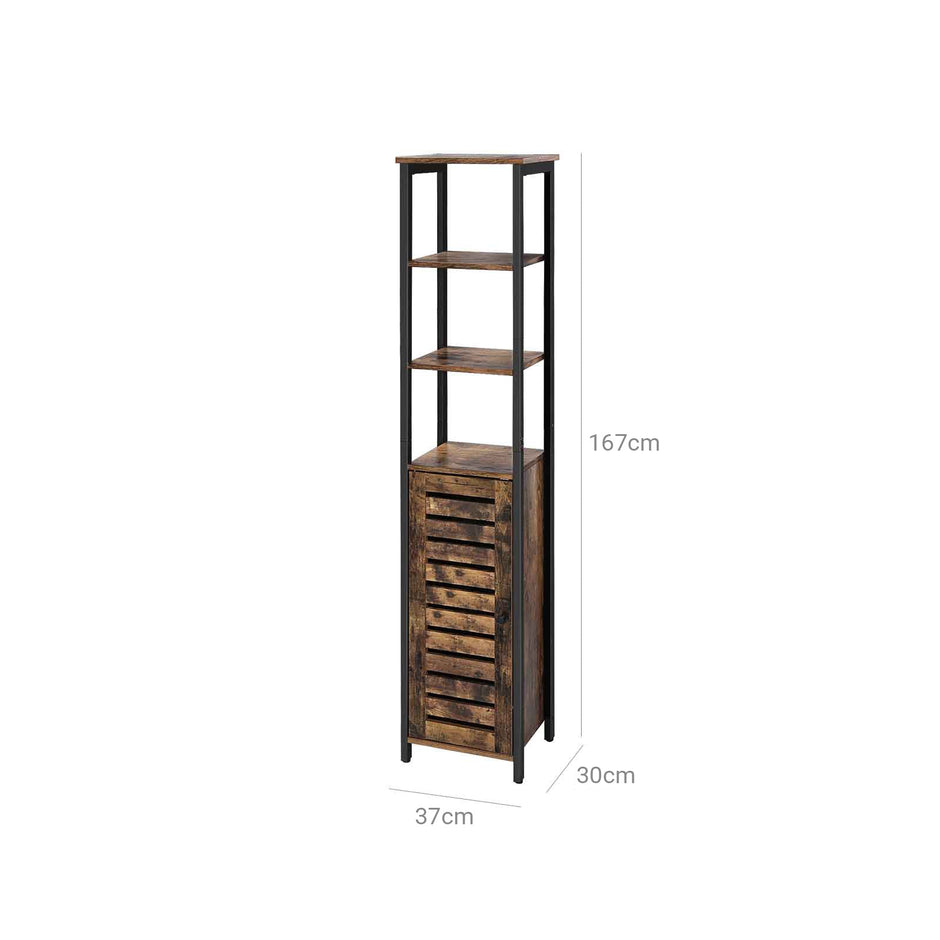 Storage Cabinet – Wood – Rustic Brown – Tall with 3 Shelves and Cupboard
