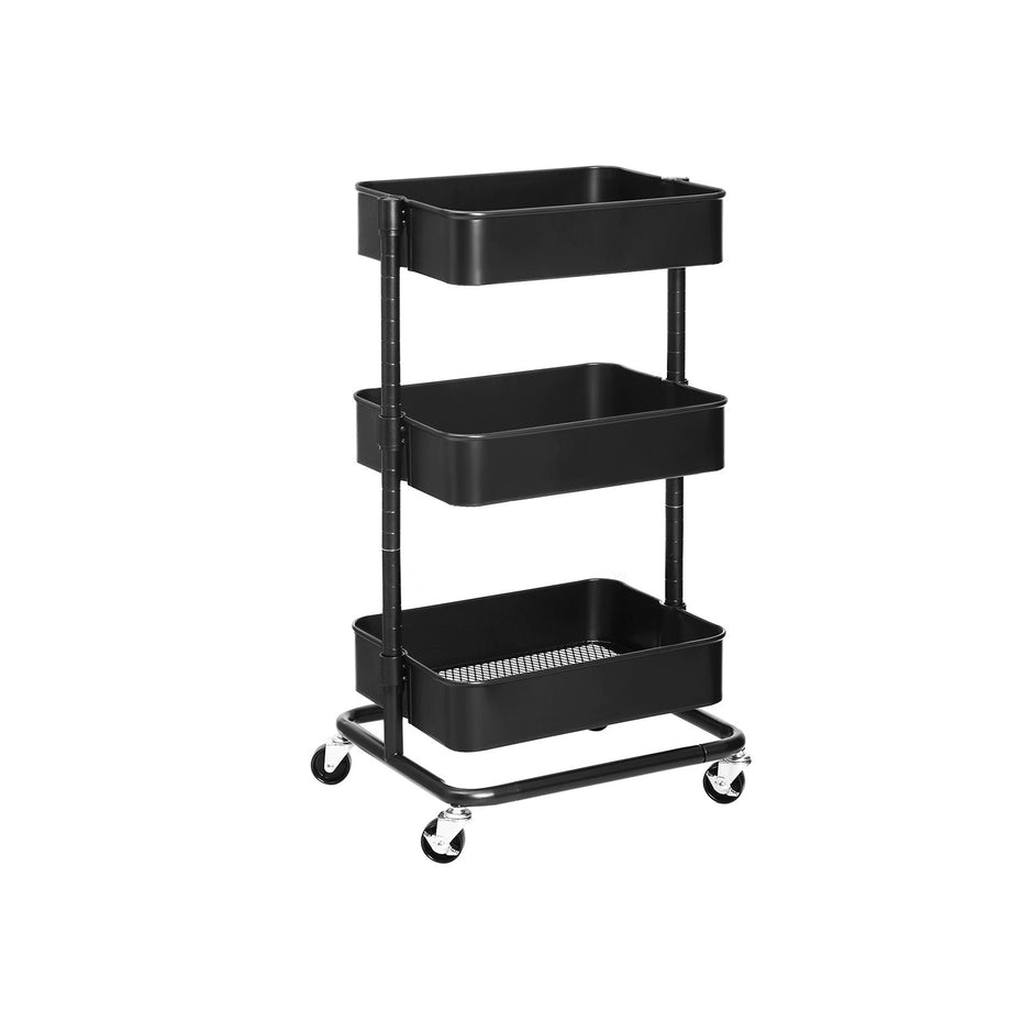 3-Tier Rolling Cart – Metal – Black – Height Adjustable Shelves, Utility with Brakes