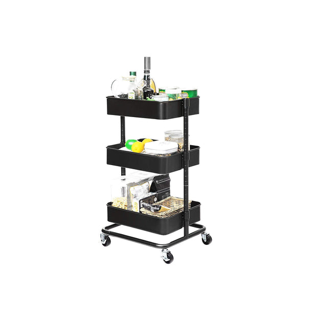 3-Tier Rolling Cart – Metal – Black – Height Adjustable Shelves, Utility with Brakes